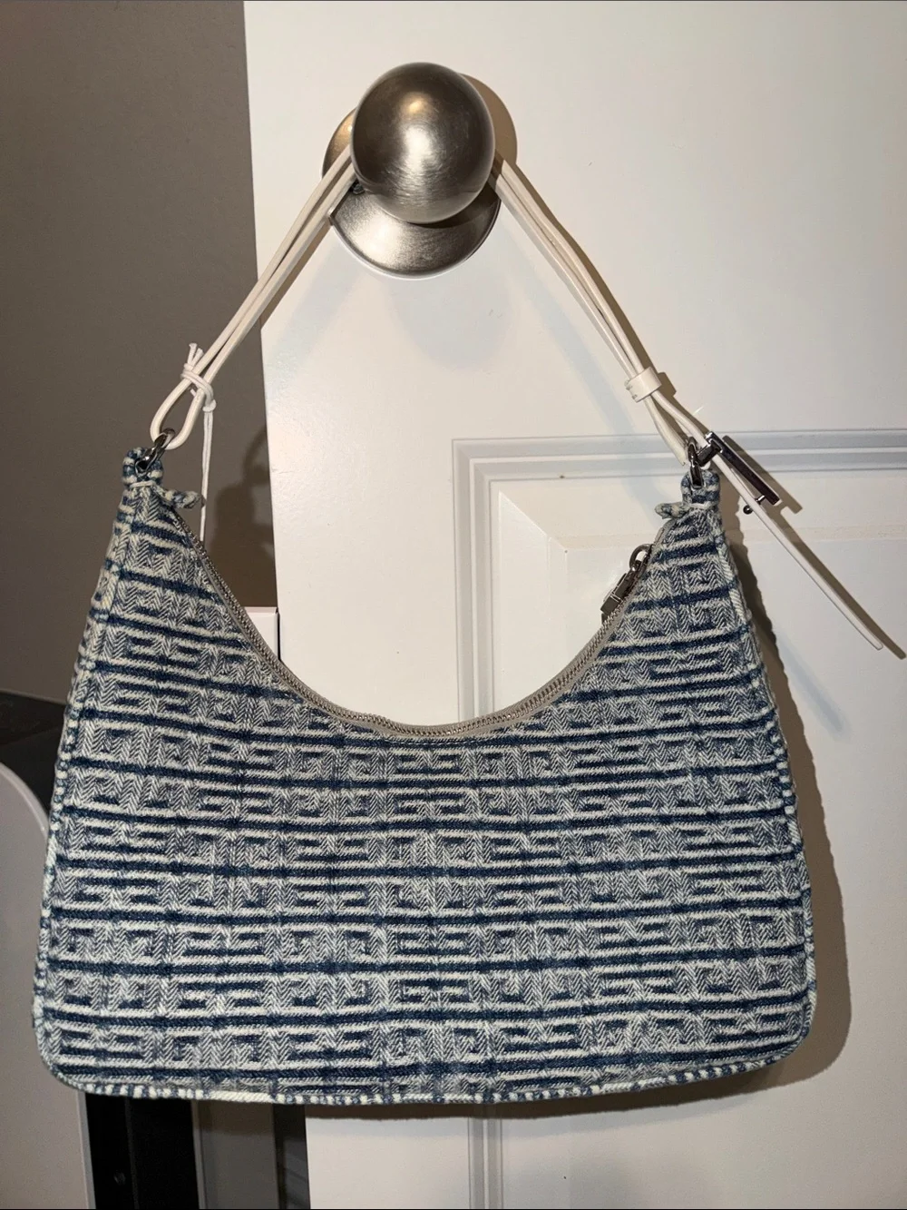 Givenchy Denim Logo Jacquard Shoulder Bag in Blue and White